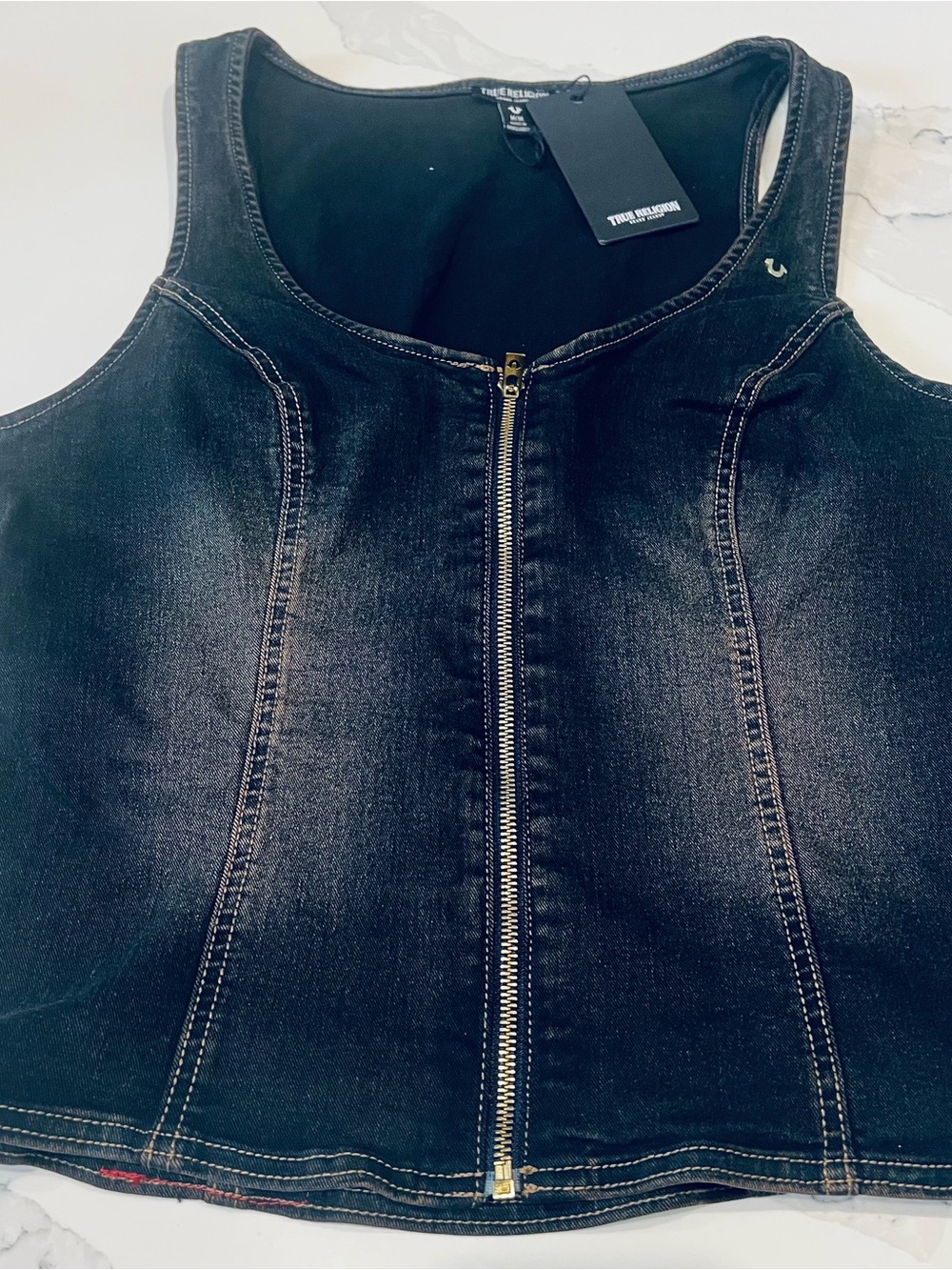 True Religion Black Washed Denim Zip-Front Vest